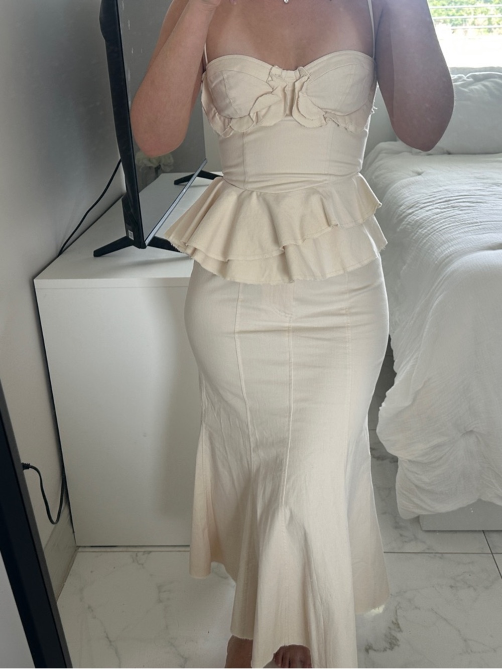 LPA Strapless Cream Peplum Ruffled Midi Dress